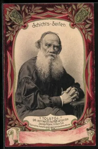 Lithographie Porträt Dichter Leo Graf Tolstoi, Reklame für Schichts-Seifen
