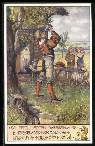 Künstler-AK T. Welzl: Wanderer stillt seinen Durst in einem Gasthaus