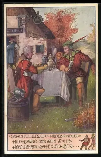 Künstler-AK T.Welzl: Hildebrandlied, Männer an einem Tisch