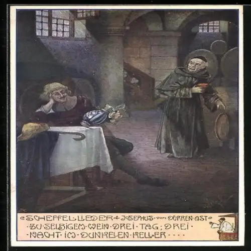 Künstler-AK Brüder Kohn (B.K.W.I) Nr. 767-5: Weintrinker mit Mönch im Weinkeller