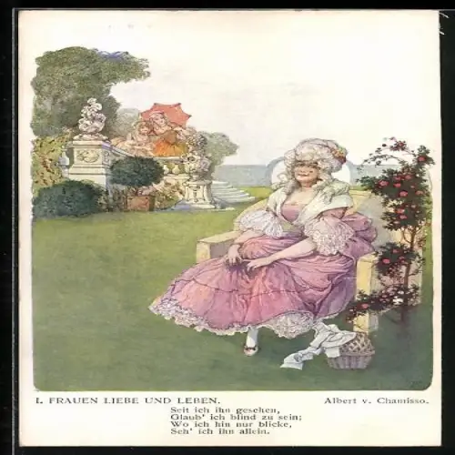 Künstler-AK Brüder Kohn (B.K.W.I) Nr. 254-2: Dame mit Perücke sitzt in einem Garten, Albert v. Chamisso
