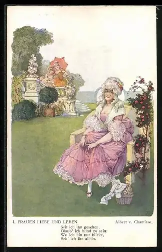 Künstler-AK Brüder Kohn (B.K.W.I) Nr. 254-2: Dame mit Perücke sitzt in einem Garten, Albert v. Chamisso