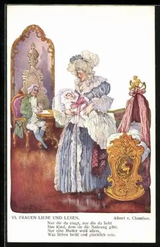 Künstler-AK T.Welzl: Mann schaut auf Frau, die ein Kind wiegt