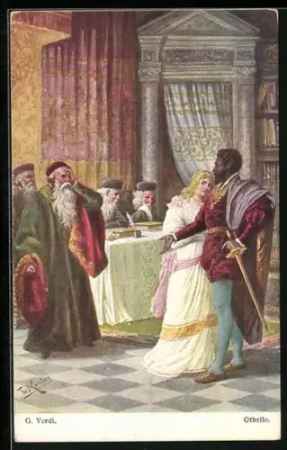 Künstler-AK Fr. Rösler: Szene aus Othello von G. Verdi, Othello und Desdemona im Haus der Bänker