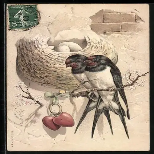 Lithographie Schwalbenpaar vor Nest mit Eiern