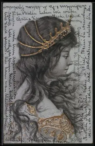 AK Portrait einer jungen Frau mit Krone