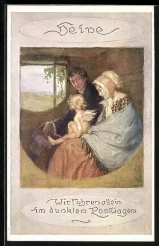 Künstler-AK Brüder Kohn (B.K.W.I) Nr. 391-2: Heine, Wir fuhren allein im dunklen Postwagen, Amor und Liebespaar