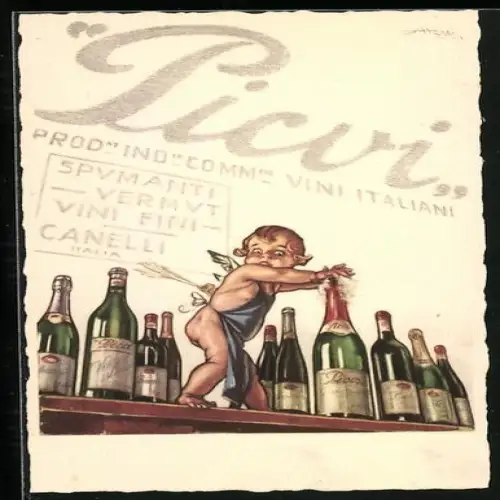 Künstler-AK Mauzan: Picvi, Vini Italiani, Reklamekarte für die italienische Kellerei, Amor hält den Korken fest