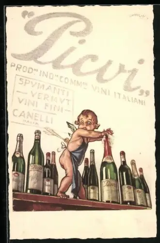 Künstler-AK Mauzan: Picvi, Vini Italiani, Reklamekarte für die italienische Kellerei, Amor hält den Korken fest