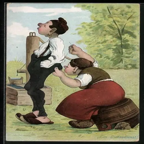 Künstler-AK Dame näht ihrem Mann die Hose am Hintern