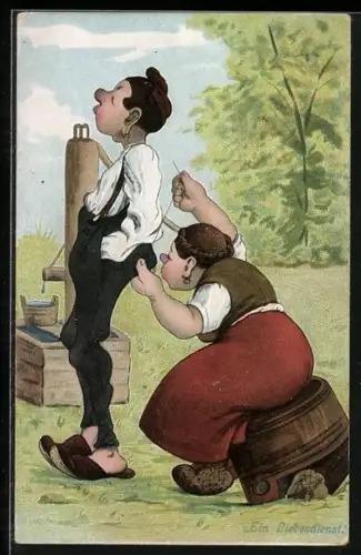 Künstler-AK Dame näht ihrem Mann die Hose am Hintern