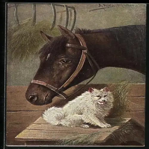 Künstler-AK August Müller - München: Pferd und Spitz in Stall