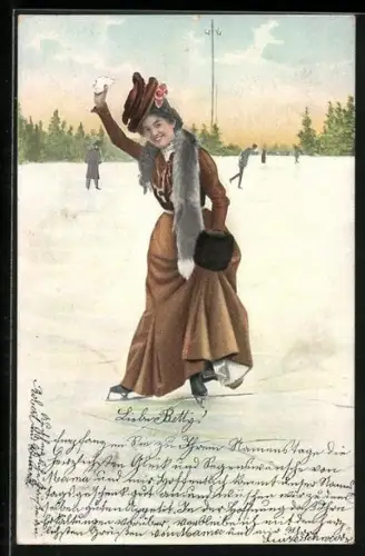 AK Schlittschuhfahrende in äusserst edlem Kleid mit Fuchspelz