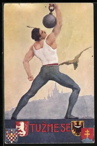 Künstler-AK Tuzme se, Gewichtheber posiert