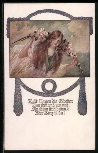 AK Deutscher Schulverein NR 1078: eine junge Frau im langem weissen Kleid mit Blumen in der Hand