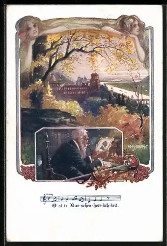 Künstler-AK Deutscher Schulverein NR 1240, W. H. Braun: Alter Mann mit Foto, O alte Burschenherrlichkeit, Lied mit Noten