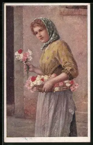 Künstler-AK Josef Süss: Blumenverkäuferin mit Kopftuch