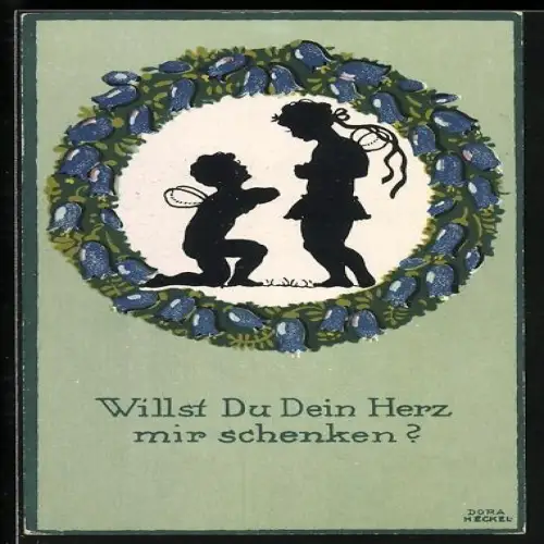 Künstler-AK Dora Heckel: Willst Du Dein Herz mir schenken?, Scherenschnitt