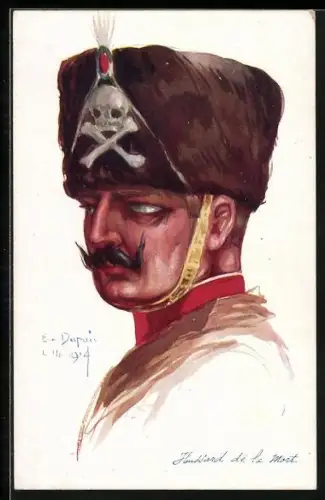 Künstler-AK Em.Dupuis: Deutscher Husar trägt Tschako mit Totenkopf-Symbol