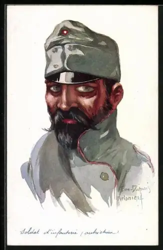 Künstler-AK Em. Dupuis: Soldat in grauer Uniform mit Mütze, Soldat d`infanterie autrichien