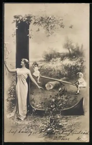 Foto-AK NPG NR: 195, Buchstabe L, Frau mit Blumen, Kinder wippen