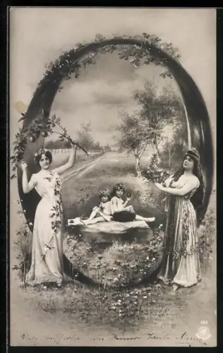 AK Buchstabe O, Kinder auf der Wiese, Frau mit Apfelbaumzweig