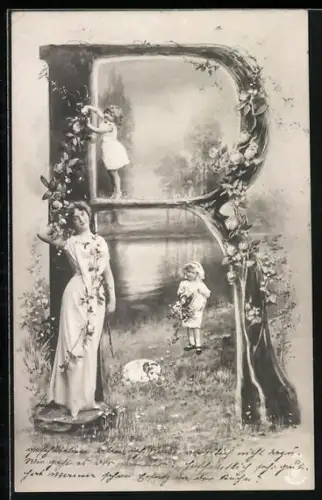 AK Buchstabe R, spielende Kinder mit einem Hund