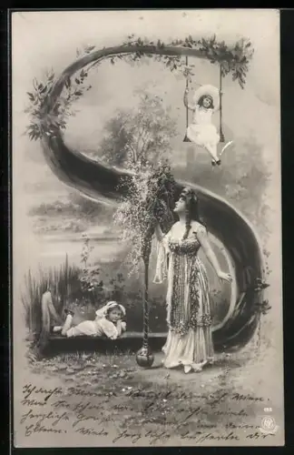 AK Buchstabe S, Mädchen sitzt auf einer Schaukel