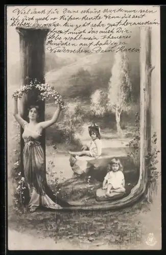 AK Buchstabe U, Frau mit Blumenkette, Kinder am Felsen