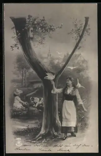 AK Buchstabe Y, Mädchen mit Tauben und Hund