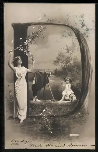 AK Junger Fotograf fotografiert ein Mädchen auf der Wiese, Frau schmückt den Buchstaben D mit Blumen