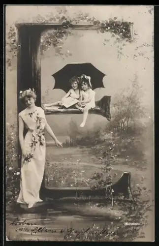 AK Buchstabe E, Frau mit zwei Kindern und Schirm