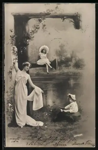 AK Buchstabe F, Frau und kleine Mädchen an einem See