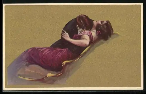 Künstler-AK Tito Corbella: Mann küsst Frau in rotem Kleid leidenschaftlich auf Brust