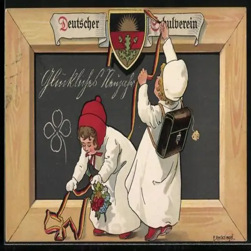 Künstler-AK Eduard Reckziegel: Deutscher Schulverein Nr. 76: Kinder an der Schultafel schreiben Glückliches Neujahr
