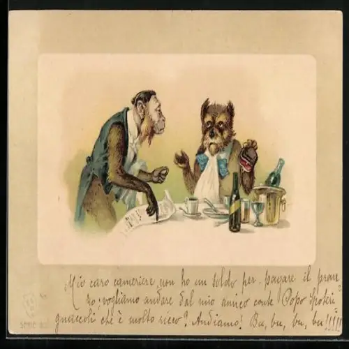 Lithographie Affe als Kellner und Hund als Gast im Restaurant