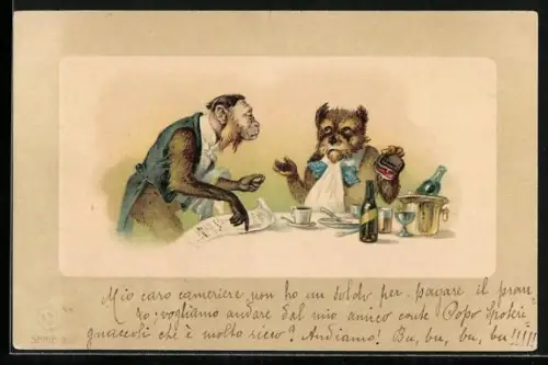 Lithographie Affe als Kellner und Hund als Gast im Restaurant