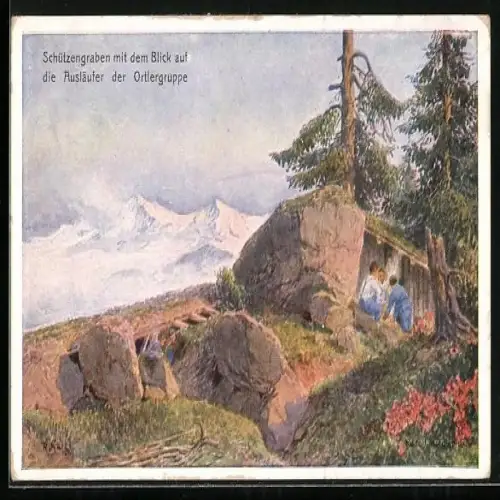 AK Rotes Kreuz Nr. 214: Schützengraben mit Blick auf die Ausläufer der Ortlergruppe