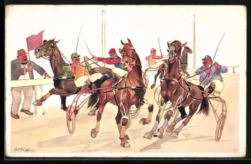 Künstler-AK Fritz Schönpflug: Jockeys bei einem Pferderennen