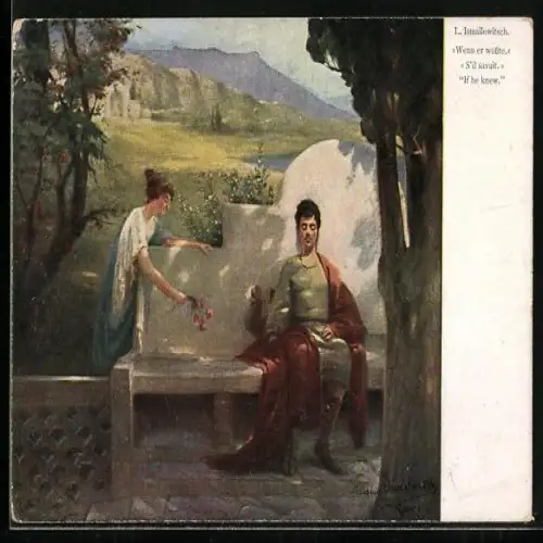 Künstler-AK Theo Stroefer Serie Nr. 170: Römer mit Leier und Römerin an einer Bank