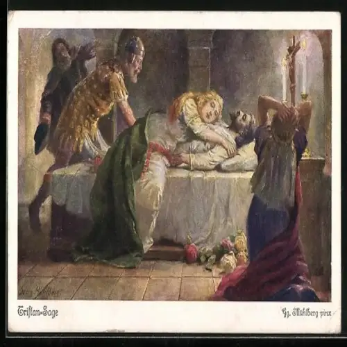 Künstler-AK Georg Mühlberg: Tristan-Sage, Isolde stirbt an der Bahre Tristans