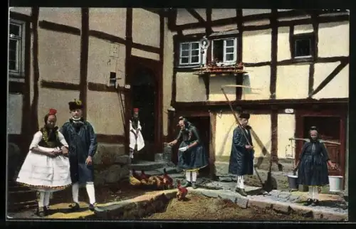AK Hessische Trachten, Frauen und Männer im Hühnerhof