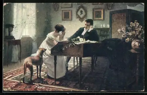 AK Junge Frau trauert am Klavier um den Abschied ihres Mannes