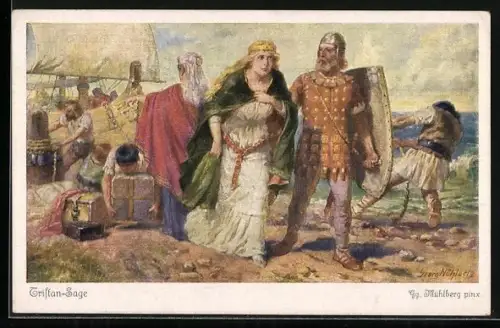 Künstler-AK Georg Mühlberg: Tristan-Sage, Kurwenal begleitet Isolde zu Tristan
