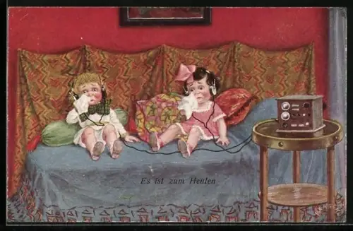 Künstler-AK Herschu: zwei Kinder hören Radio mit Kopfhörern, es ist zum Heulen