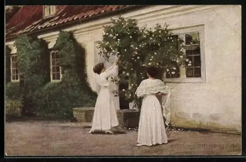 Künstler-AK sign. H. Slott-Moller: Weisse Rosen, Dänische Kunst