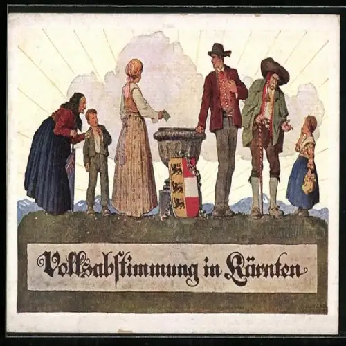 Künstler-AK Ernst Kutzer: Kärnten, Volksabstimmung 1920, Männer, Frauen und Kinder neben der Wahlurne, Wappen