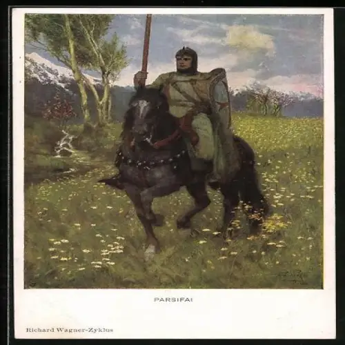 Künstler-AK M.Munk Nr.: 984, Richard Wagner, Parsival zu Pferd