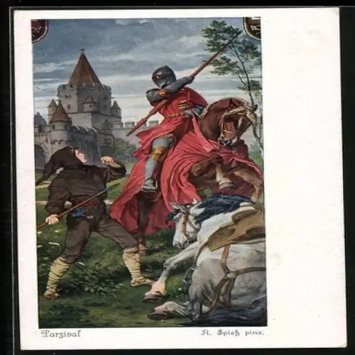 Künstler-AK A. Spiess: Parsival, Kampf mit dem Ritter