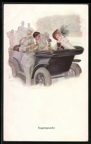 Künstler-AK H. Zahl: Augensprache, Paar in einem Automobil